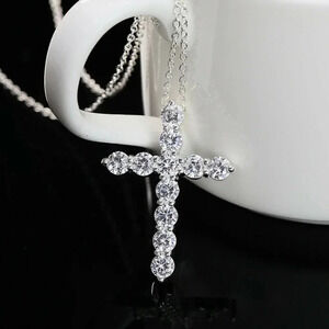 NEW 18K White Gold Diamond Cross Necklace S925
